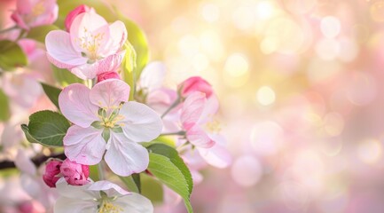 Obraz premium White and pink apple flower twig brunch stem bokeh soft light background springtime