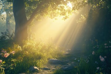 Obraz premium ethereal light rays piercing through morning mist in enchanted forest creating golden atmospheric scene