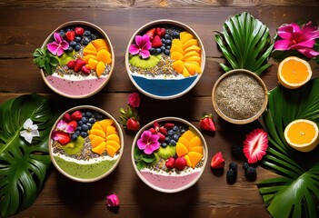 vibrant colorful smoothie bowls decorated fresh toppings fruity delights visually stunning presentation, acai, banana, berry, blueberries, chia, coconut