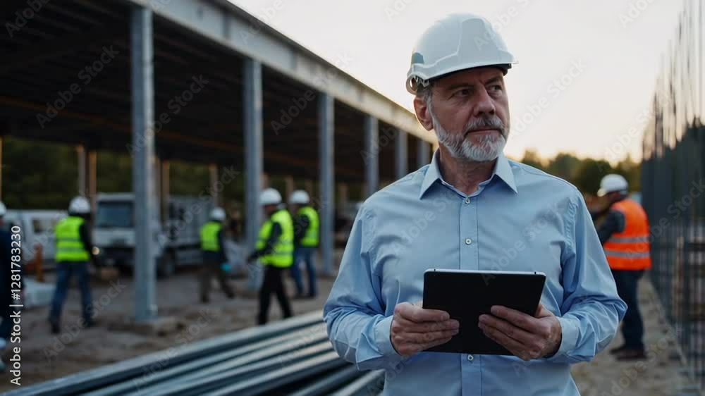 Poster senior engineer wearing hardhat reviewing project details on tablet while monitoring construction si