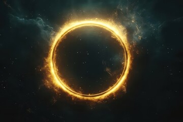 ethereal luminous golden ring floating in infinite darkness perfect circular light with subtle lens flares and particle effects minimalist cosmic art