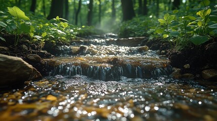 Sunlit stream flows through lush green forest.
