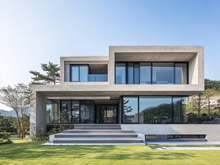 Fototapeta premium Modern home with large windows and concrete structure