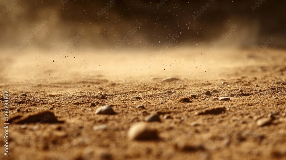 Poster dramatic close up of sand and small rocks with dust particles floating in the air creating a dynamic