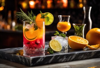 vibrant mixed drink ingredients showcase elegant bar counter colorful garnishes stylish glassware arrangement, cocktail, spirits, mixology, decoration