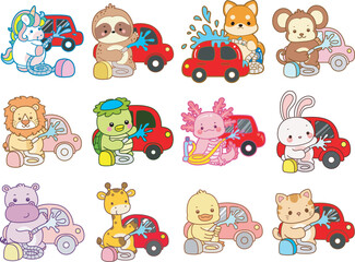 Set Vector Stock Illustrations Isolated of Baby Animals.
Cute animals with various activities.
Funny sticker of animal kids.