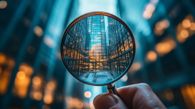 A hand holds a magnifying glass that highlights reflections of skyscrapers, showcasing the intriguing contrasts and details of urban life during twilight. The city lights glimmer in the background.