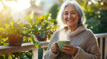 Senior woman enjoying coffee on a sunny terrace with greenery