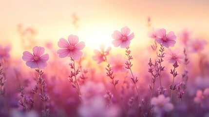 Pink flowers blooming at sunset.