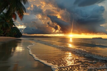 Tropical sunset with stormy textured sky and golden beach dark sky.