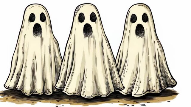 Three cartoon ghosts standing together in a light-hearted Halloween setting with surprised expressions on their faces