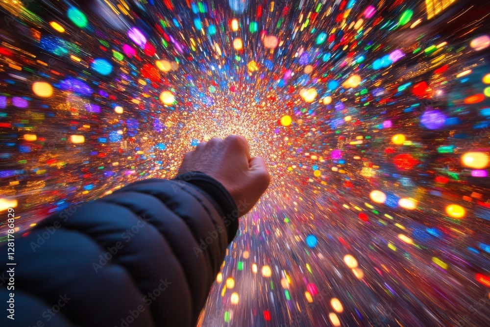 Poster colorful light bursts create a mesmerizing effect as a hand reaches towards the vibrant display in a