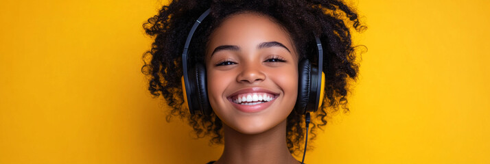 An African American woman happily wearing headphones, with a bright yellow background, portrayed in a simple and modern minimalistic style, symbolizing the joy of music or learning, banner