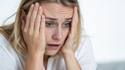 Fototapeta premium close up photo of woman expressing distress with her hands on her face, showcasing emotions of worry and anxiety