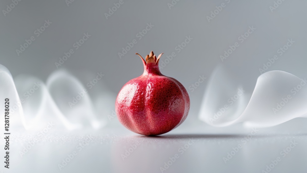 Poster fresh red pomegranate with a smooth surface placed on a light backdrop surrounded by gentle white wi
