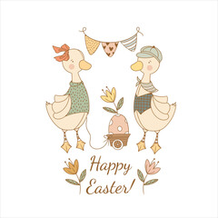 Cute Easter Geese with Balloons, Eggs and Spring Flowers – Adorable Pastel Illustration for Kids, Greeting Cards, Nursery Art, and Holiday Decor