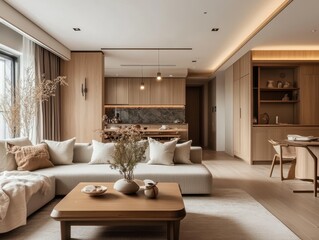 A modern home interior depicts a living room and kitchen space