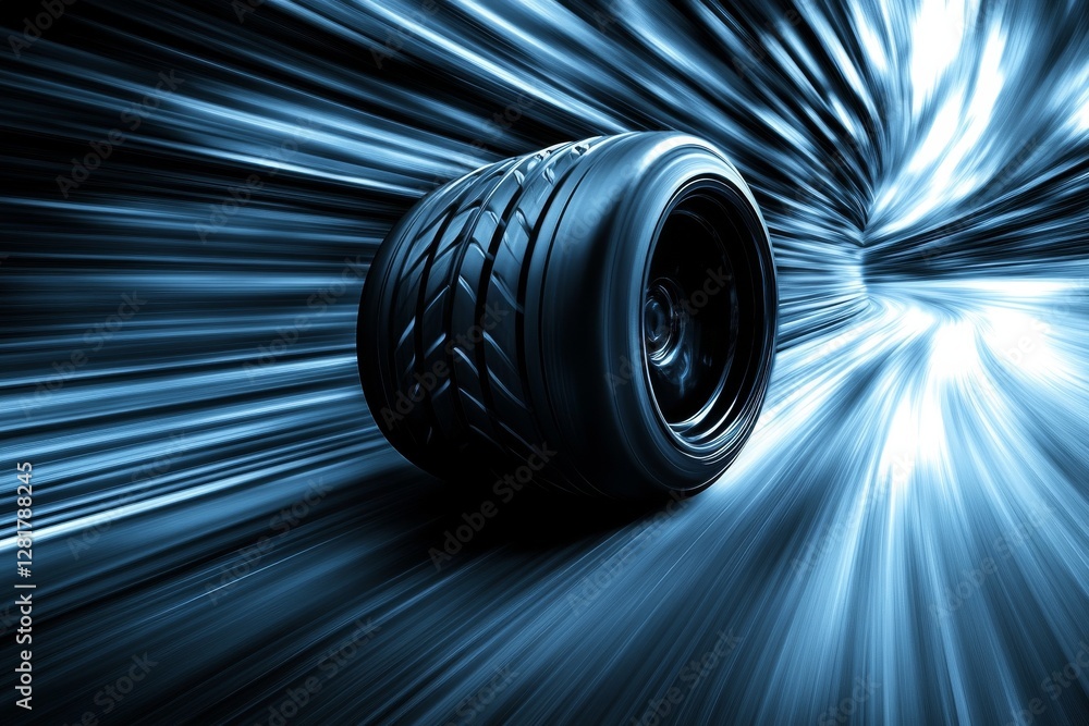 Poster fast spinning tire in motion creates a dynamic blur of speed and energy in a vibrant setting