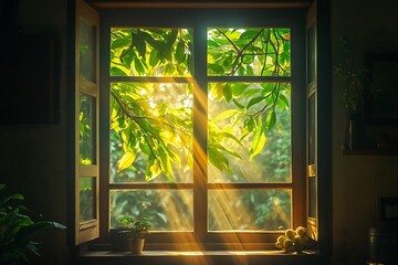 Sunbeams through leafy window, home interior, morning light