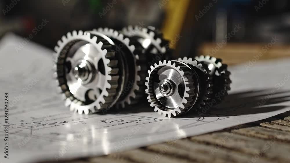 Poster Metallic gears rotating slowly across precision technical drawing, capturing intricate engineering details with mechanical complexity and industrial design nuance