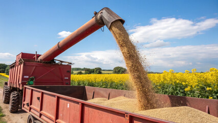 Harvesting grain from red agricultural trailer into field under blue sky
