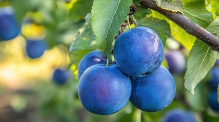 Luscious plums hanging from a branch in a sun dappled orchard capturing the essence of late summer harvest with a shallow depth of field
