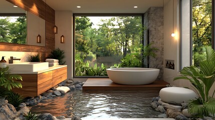 Fototapeta premium Appreciate the uncluttered aesthetic that governs this garden villa spa bathroom, anchored by a serene white palette. A balanced tub and discreet sink uphold the commitment to minimal visuals, 