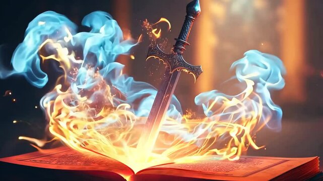 A sword and a Bible the Word of God the Gospel of Salvation with fire effects 4K