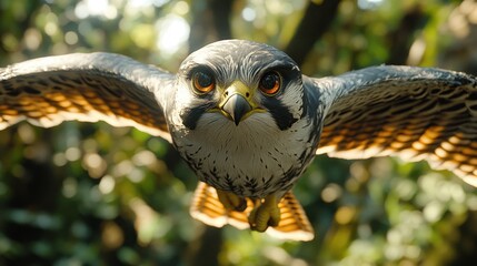 A peregrine falcon in flight, close-up view, sharp focus on its intense eyes and feathers.