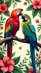 Vibrant parrots amidst tropical flowers in intricate Toile de Jouy pattern, parrots, floral motifs, greenery