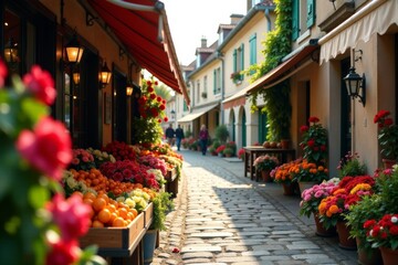 Fototapeta premium Vintage style red flower market in a French village, vintage style, red toile, market