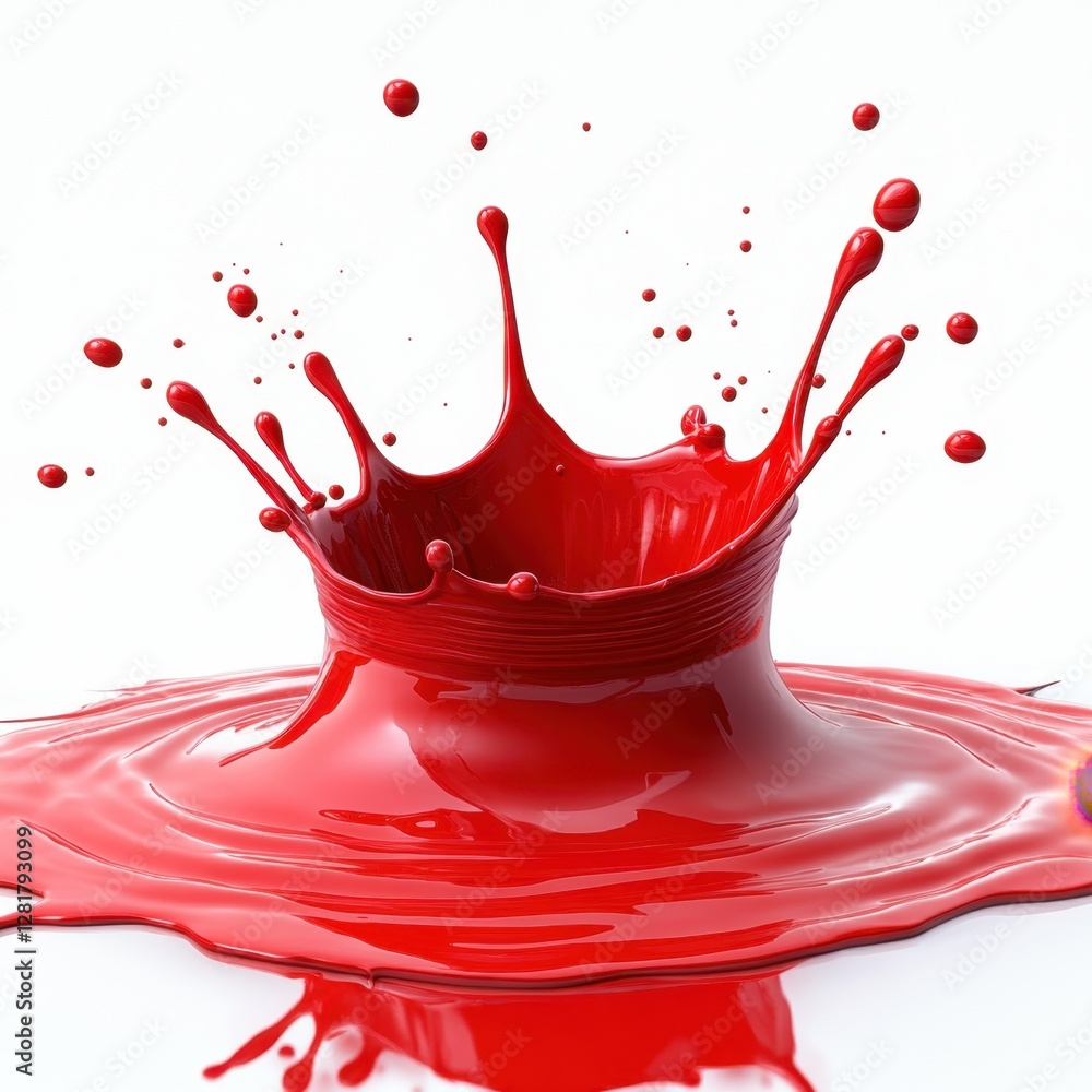 Poster vivid splash of crimson paint creating a dynamic crown shape on a reflective surface against a clean