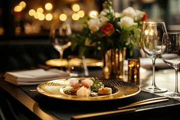 Fototapeta premium Fine - dining restaurant with gold - accented decor, gourmet plates, and ambient lighting