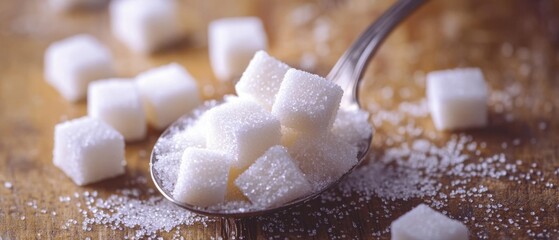 Sugar cubes spill from a spoon onto a wooden table, creating a sweet and rustic scene.