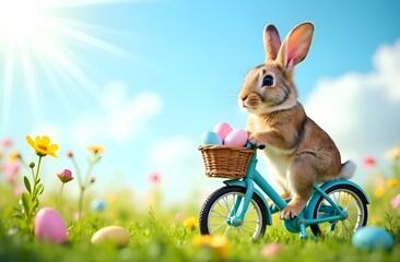 Easter bunny on a bicycle with eggs in a basket, concept spring and happy Easter