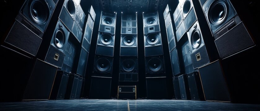 Towering speakers form a wall of sound in an empty auditorium, waiting to thunderously vibrate the air with music and energy.