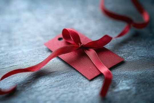 Elegant red ribbon tied on a gift tag lying on a textured surface in a close up shot with soft lighting and a shallow depth of field
