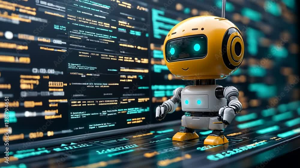 Poster cute robot with bright blue eyes interacting with digital code in a futuristic setting during a tech