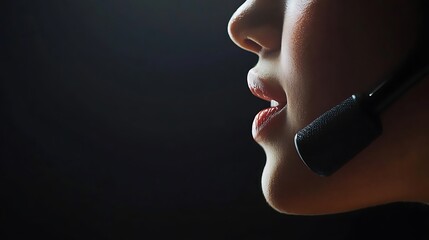 Close-up profile of a person's mouth and chin wearing a headset microphone, speaking.