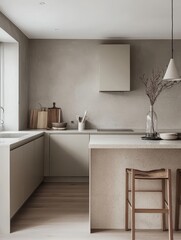 A modern kitchen showcasing a minimalist design with neutral tones