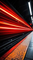 Dynamic red train streaks through dark subway station creating vibrant light trails and urban motion blur perspective
