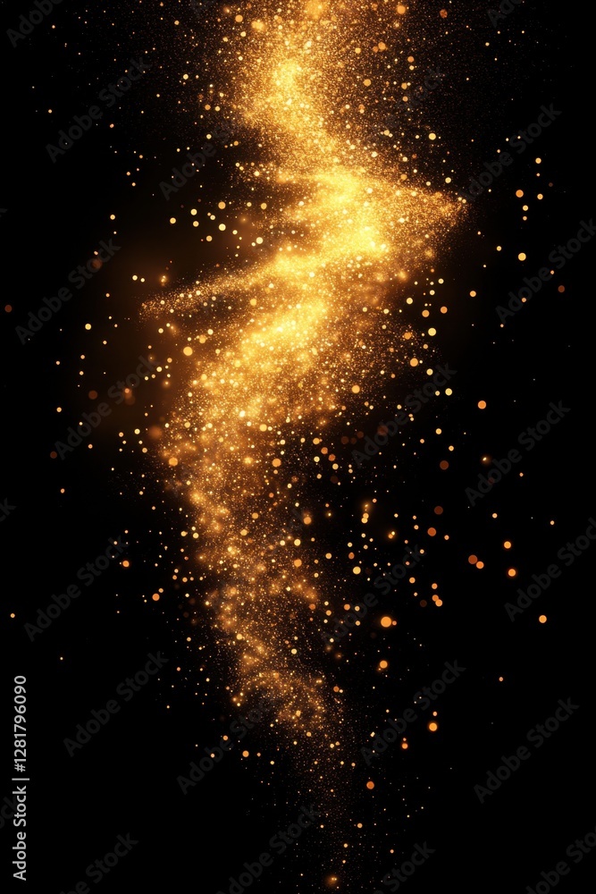 Poster ethereal golden particles cascade on a black background creating a magical and dreamy atmosphere wit