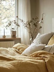 Modern bedroom featuring decorative flowers and a well made bed