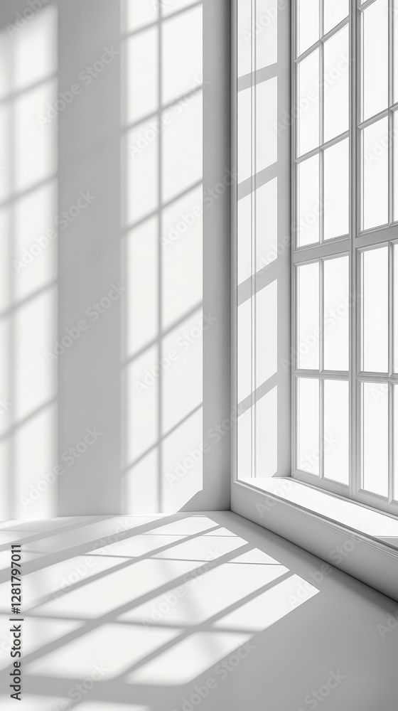 Poster bright interior scene with sunlight streaming through window creating shadow patterns on wall and fl