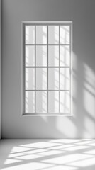 Fototapeta premium Serene interior scene featuring a window casting geometric shadows on a white wall and floor creating a bright and minimalist ambiance