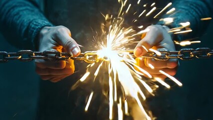 A close up of hands forcefully breaking a metal chain while sparks explode around, showing showing desire for freedom and raw power