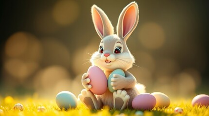 Fototapeta premium Adorable Easter Bunny Holding Pastel Eggs in Spring Meadow
