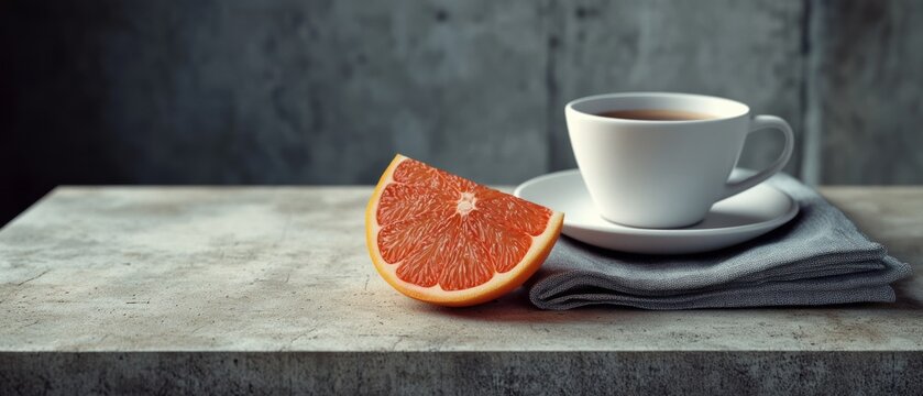 Halved grapefruit and steaming cup embody morning freshness on a stone table, blending rustic and contemporary vibes.