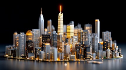 Fototapeta premium Miniature City Skyline at Night with Illuminated Buildings and Towers