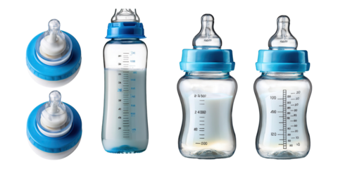 Clear Baby Bottles with Teats on Transparent Background
